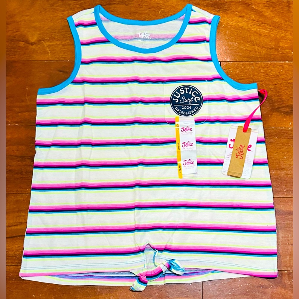 Justice girl’s tie knot tank top, new with tags, glittery, size Large (12/14).